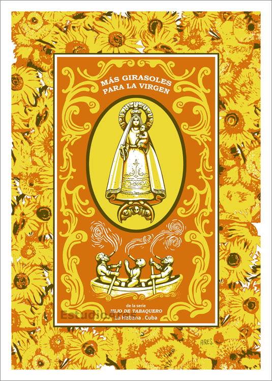 Mas girasoles para la Virgen, serigrafia, 70 x 50 cm, 2020.